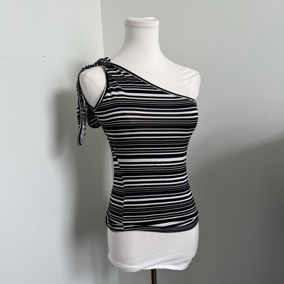 Y2K Striped One Shoulder Tank Top | Black White Tie Strap Asymmetrical Retro S - Picture 2 of 5